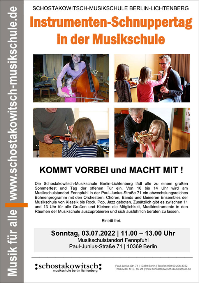 Plakat zum Tag der Berliner Musikschulen 2022 - Schnuppertag