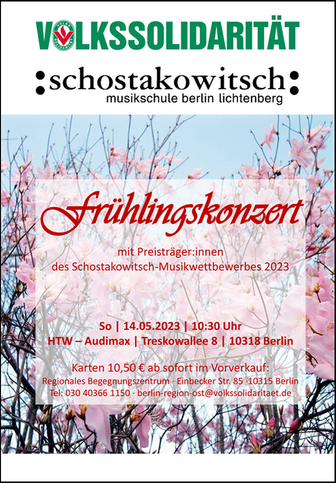 Plakat Frühlingskonzert am 14.05.2023, 10:30 Uhr im Audimax der HTW Berlin, Karten zu 10,50 Euro ab sofort unter 030403661150