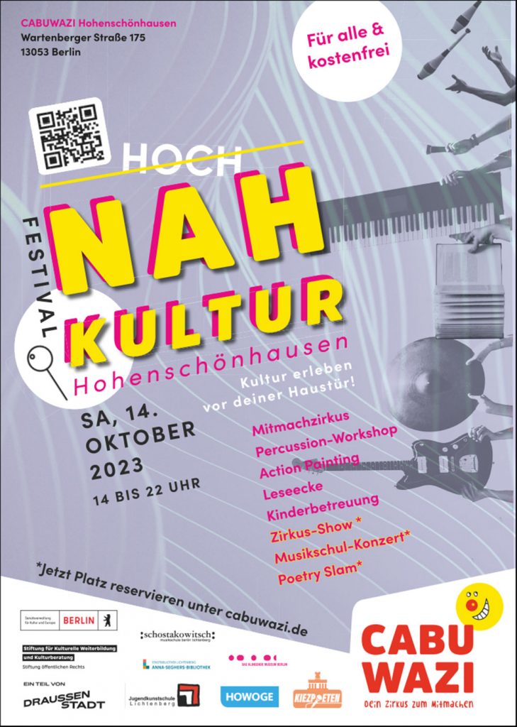 Plakat zum Festival mit den Veranstaltungsdaten: Samstag, 14. Oktober, 14 bis 22 Uhr, Zirkus CABUWAZI