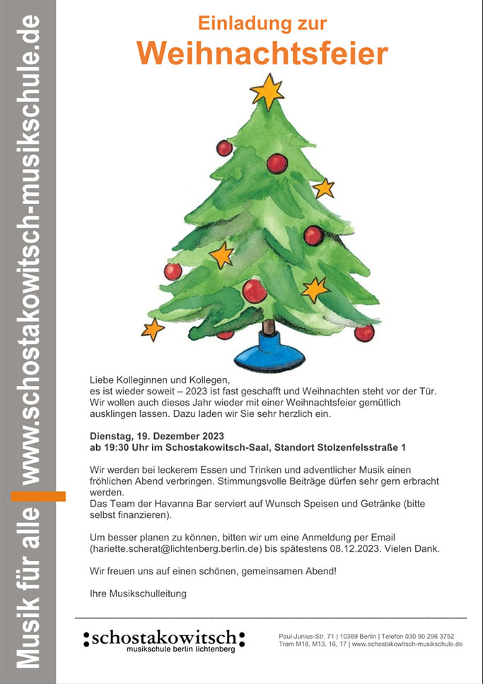 Weihnachtsfeier am 19.12.2023, ab 19:30 Uhr, Schostakowitsch-Saal
